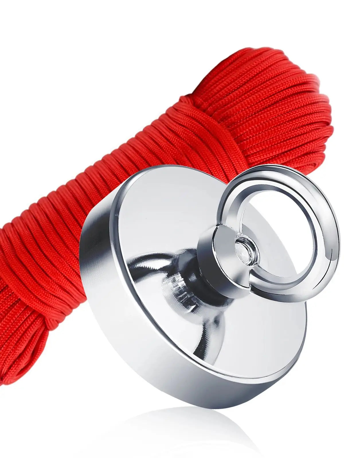 A silver fishing magnet is shown attached to a red cord.