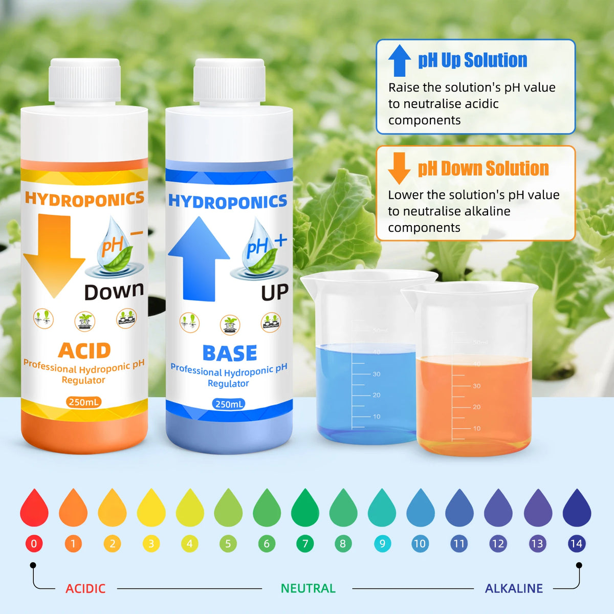 Un juego de ajustadores de pH hidropónicos mostrando soluciones ácidas y básicas con indicadores de nivel de pH correspondien