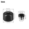 A black precision router collet nut with a hexagonal shape and various sizes shown in a diagram.