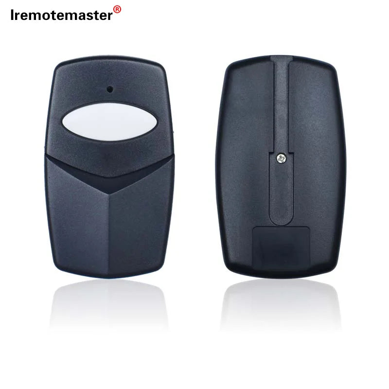 A black multi-code garage door remote transmitter is shown from the top view.