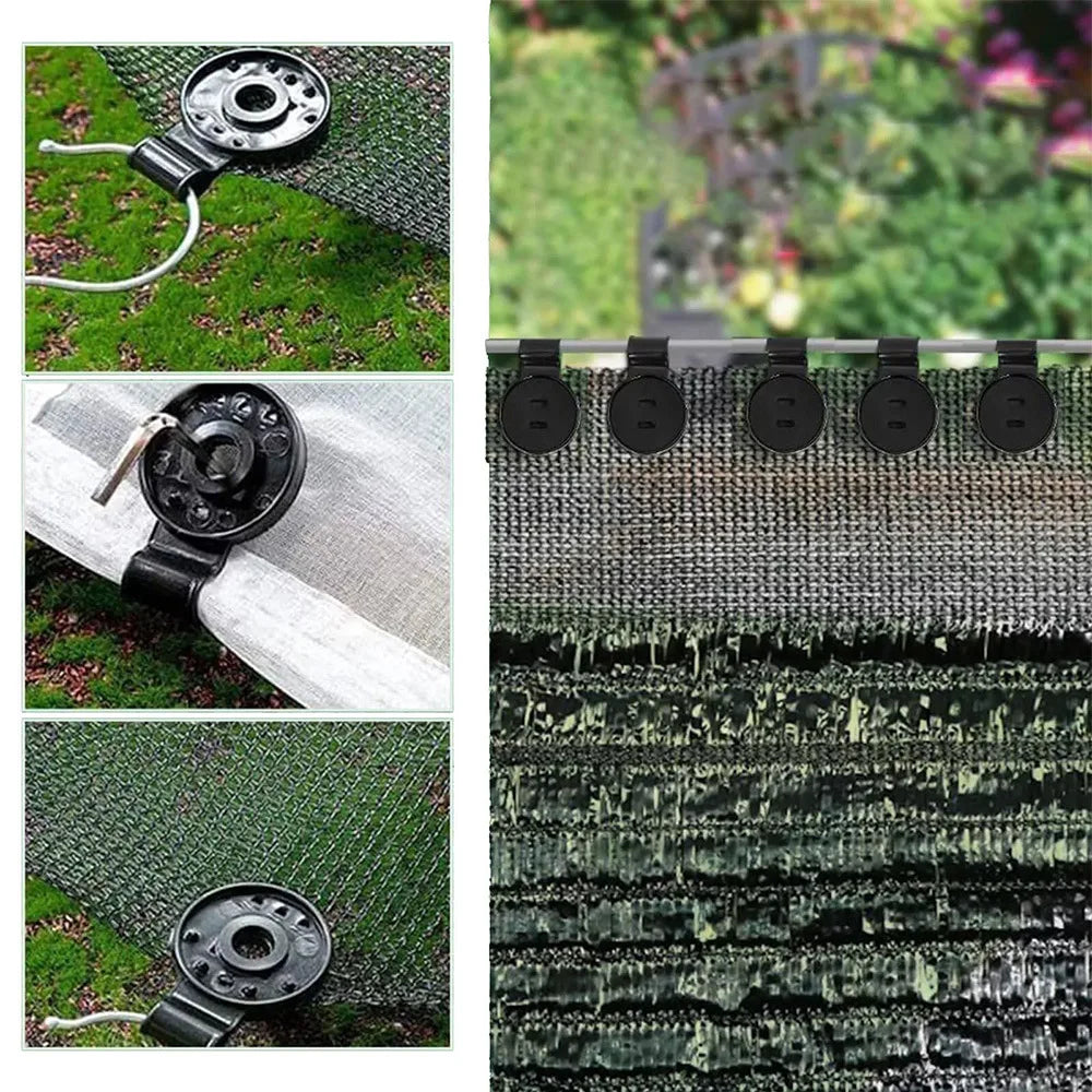 Close-up view of heavy-duty shade cloth clips used for securing netting and fabric.