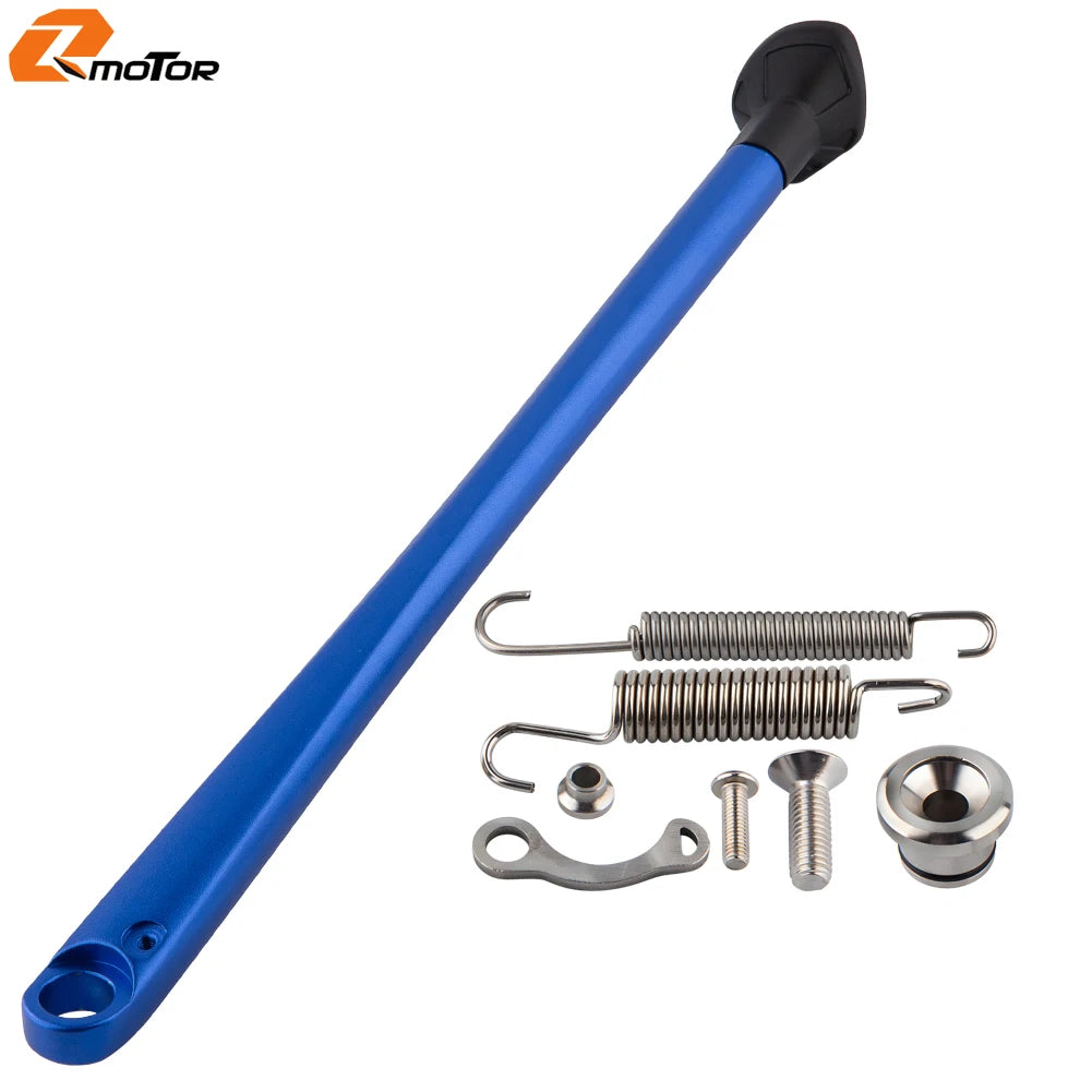 Blue motorcycle side stand kickstand kit for KTM featuring a rod and various mounting hardware.