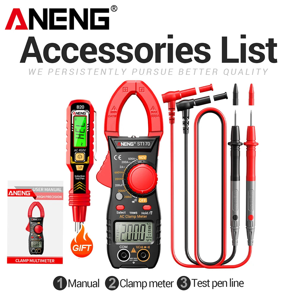 Aneng Accessories List showing a clamp meter, manual, and test pen line for electrical testing.