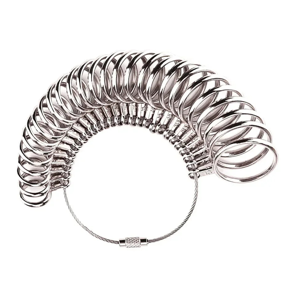 A coiled precision stainless steel ring sizer gauge kit with a flexible wire loop.