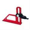 A red precision depth gauge with a black clamp and a graduated scale for measuring depth.