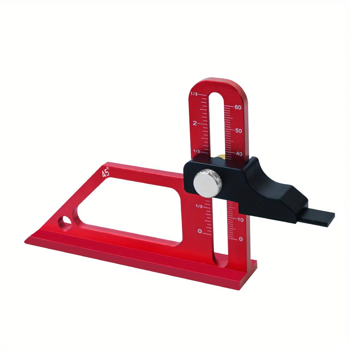 A red precision depth gauge with a black clamp and a graduated scale for measuring depth.