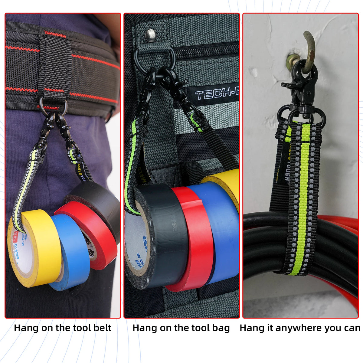 Adjustable electrical tape holder shown hanging on a tool belt, bag, and freely from a surface.