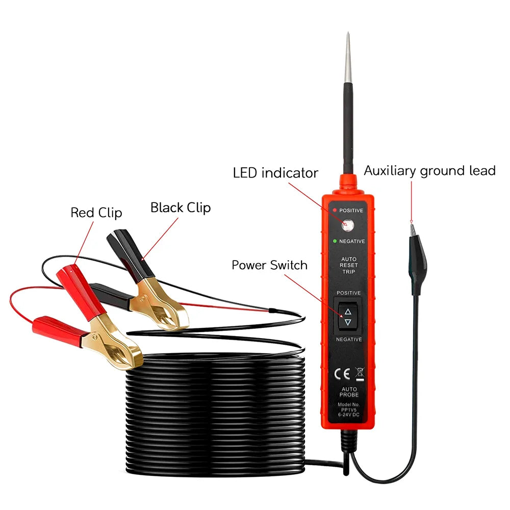 A professional automotive circuit tester with a red clip, black clip, LED indicator, and auxiliary ground lead.