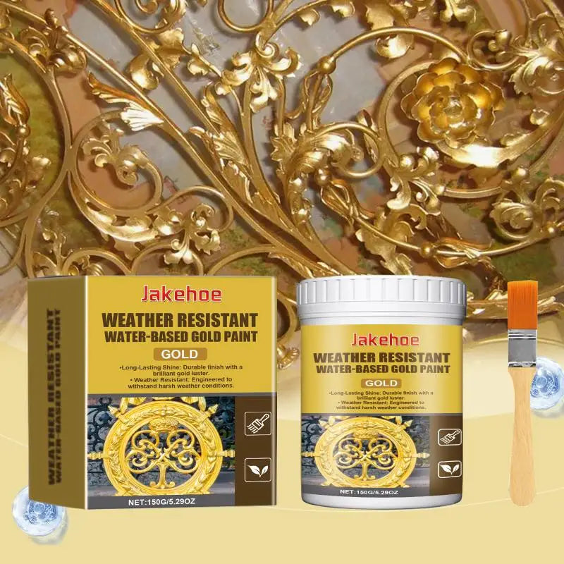 A package of Jakehoe weather resistant water-based gold paint next to a decorative gold leaf background.