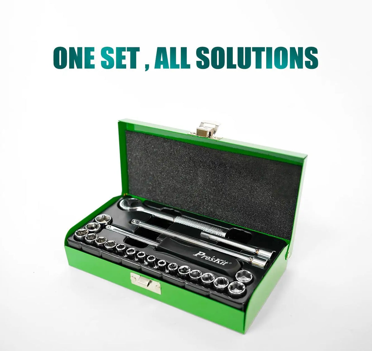 Grüne Box mit 23-teiligem Profi-Set aus Chrom-Schlüssel-Ratschen.