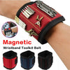 A red wristband tool kit belt featuring magnetic holders for screws and nails.