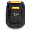 Black battery adapter labeled MIL18DL with orange accents and safety warnings for battery charging.