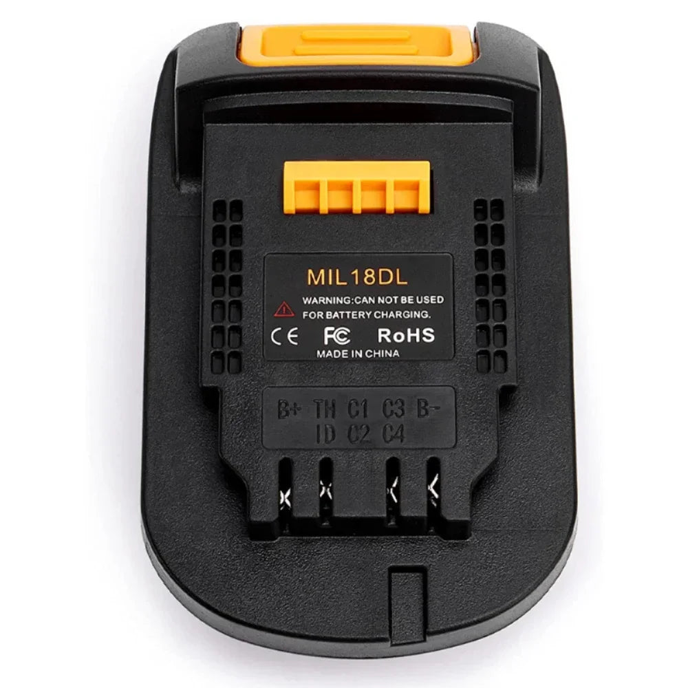 Black battery adapter labeled MIL18DL with orange accents and safety warnings for battery charging.