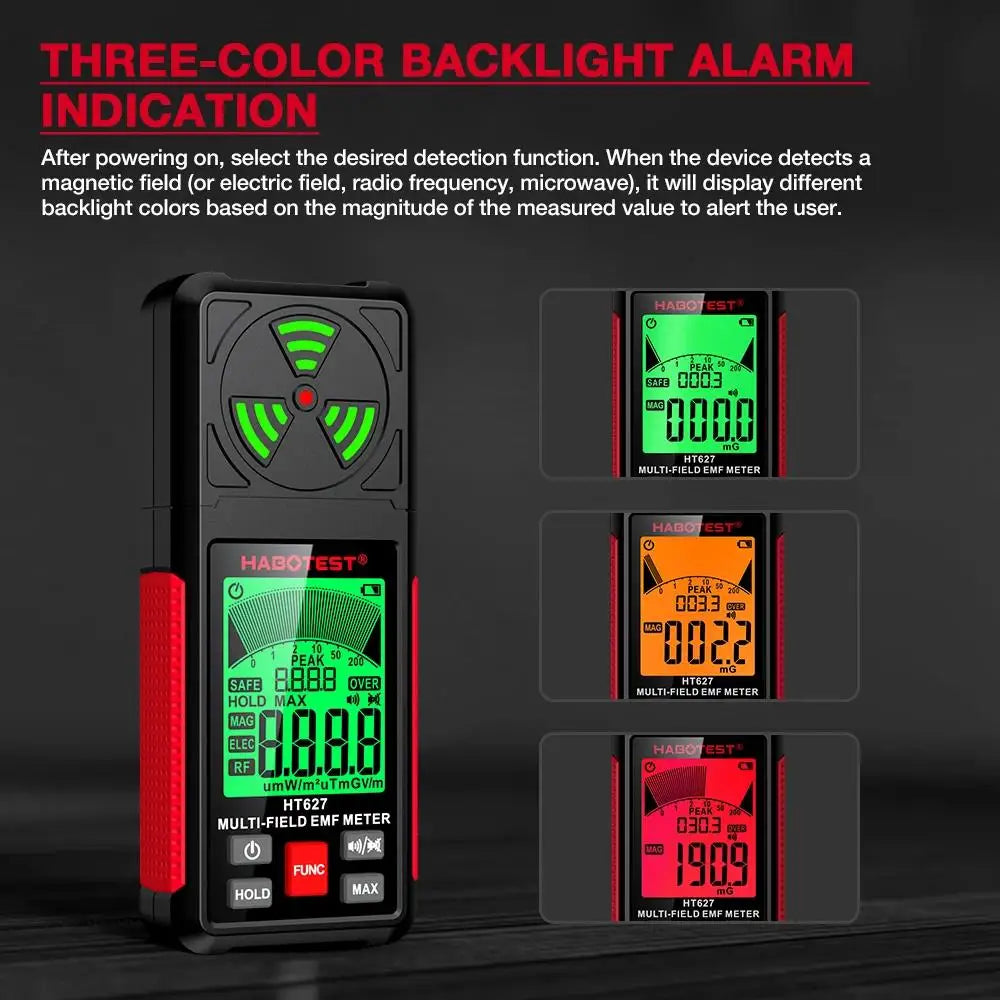 Dispositivo portátil negro con indicación de alarma de luz de tres colores, mostrando varios niveles de detección.