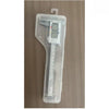 A clear plastic case containing a precision digital caliper with a measuring scale and jaws.