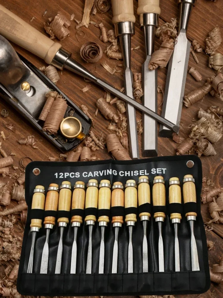 A black case holds a 12-piece wooden carving chisel set with silver blades and wooden handles.
