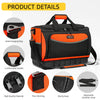 Black and orange heavy duty open top tool organizer bag with a handle and adjustable shoulder strap