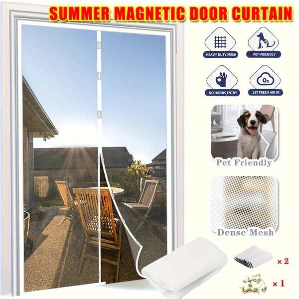 A white magnetic door curtain is shown in a doorway, with icons highlighting features like heavy duty mesh and pet-friendly d