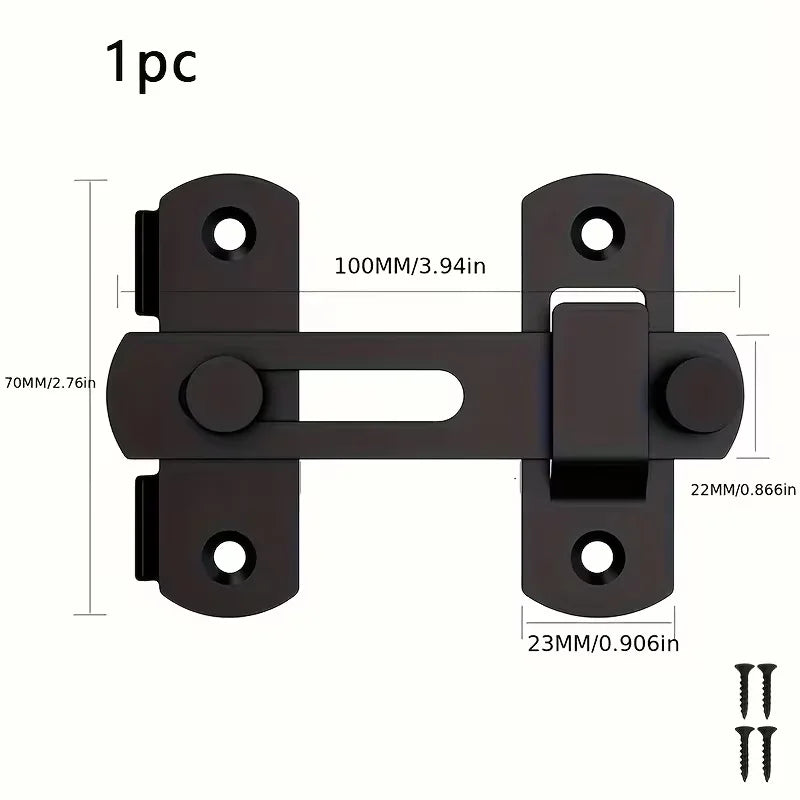 A black stainless steel barn door lock with a horizontal bar and mounting holes.