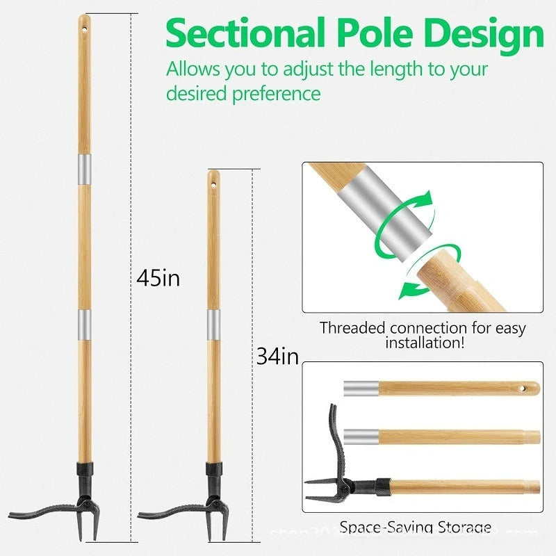Sectional pole design of an adjustable vertical weed puller tool shown with various lengths and connection details.