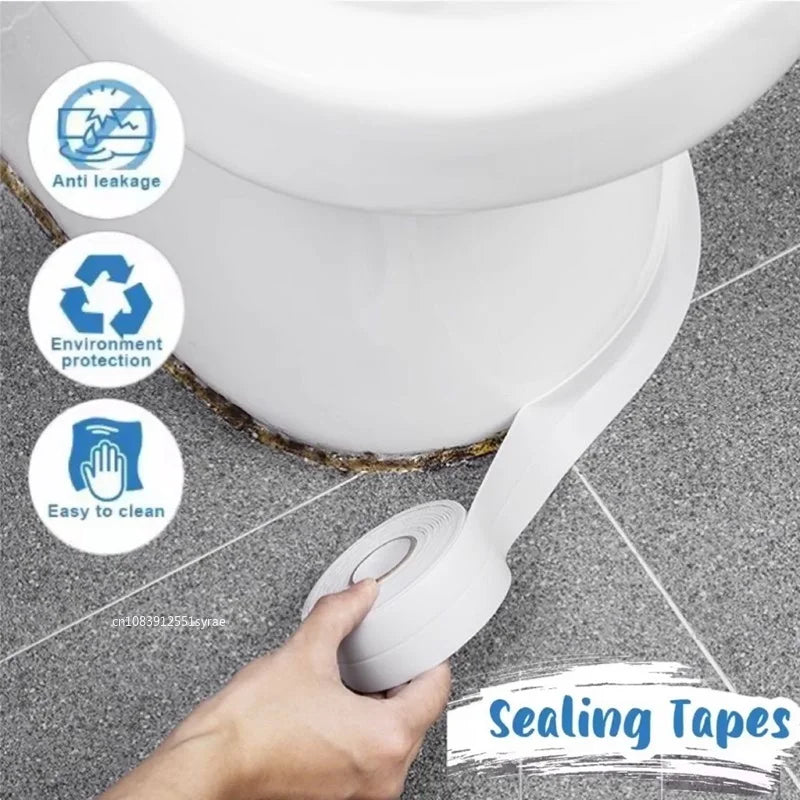 A hand is applying self-adhesive caulking tape to a white ceramic sink or fixture for waterproofing.
