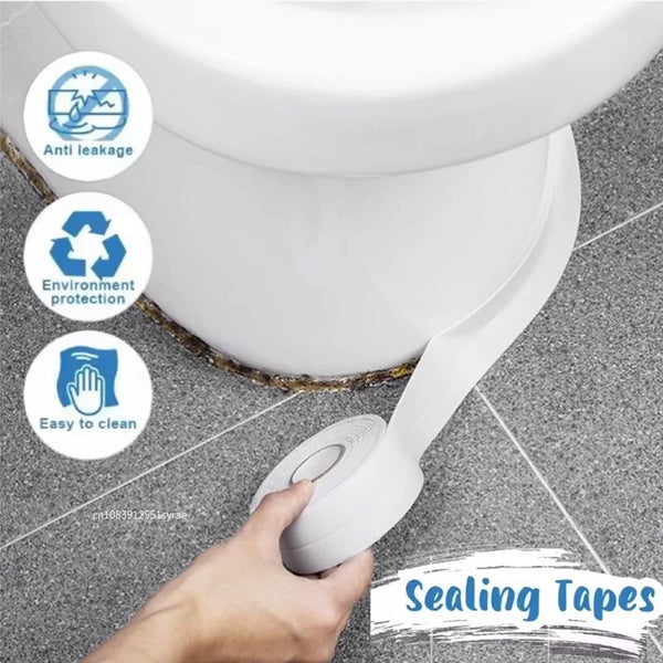 A hand is applying self-adhesive caulking tape to a white ceramic sink or fixture for waterproofing.