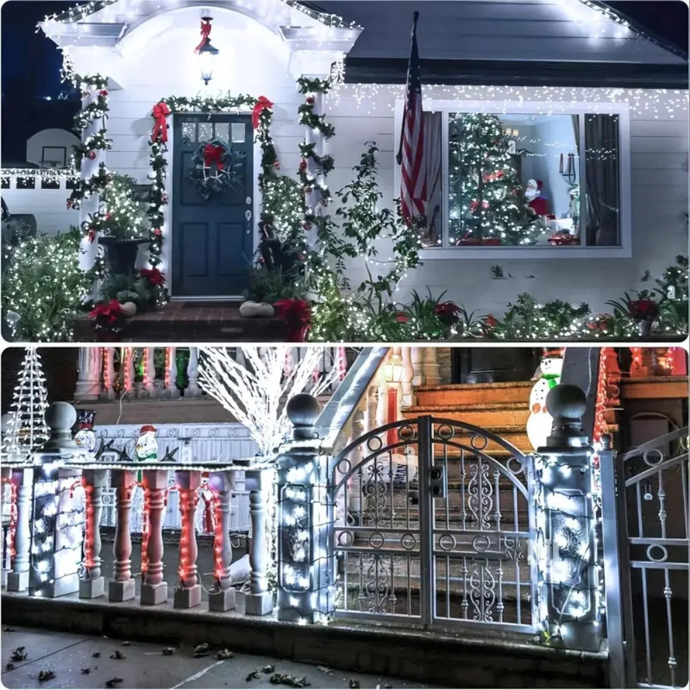 Outdoor LED string lights decorating a front door and window with festive greenery and lights.