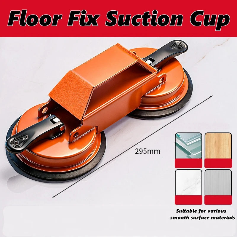 An orange floor fix suction cup tool with a metal handle and suction disc shown on a white surface.