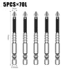 A set of five 70L precision magnetic drill bits for metal work, shown with dimensions.
