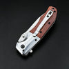 A premium folding utility pocket knife with a wooden handle and silver blade shown against a dark background.