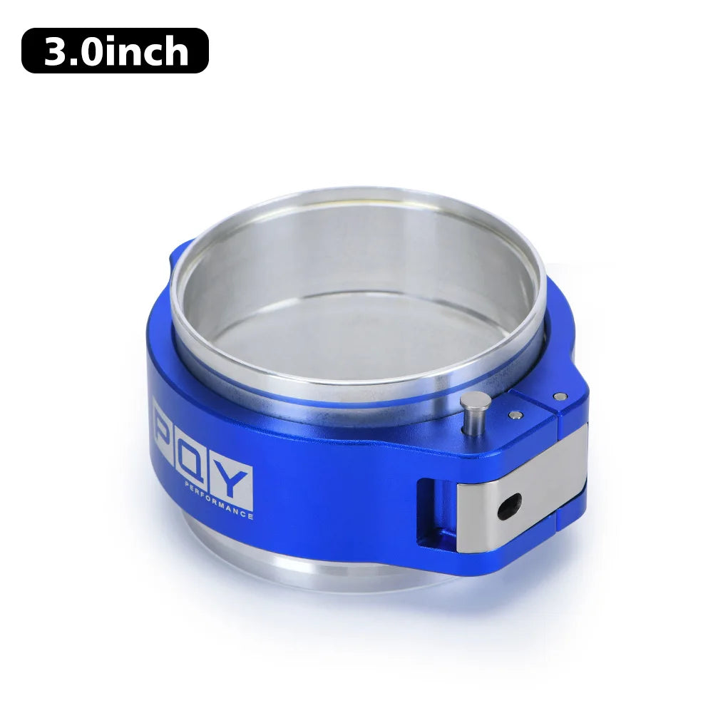 A blue aluminum V-band clamp with a silver inner ring and a black mounting bracket.