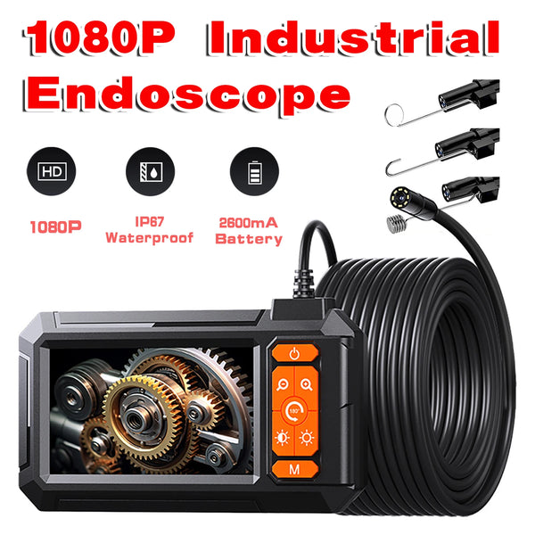 A black 1080P industrial endoscope with a coiled cable and battery, designed for pipe and drain inspection.