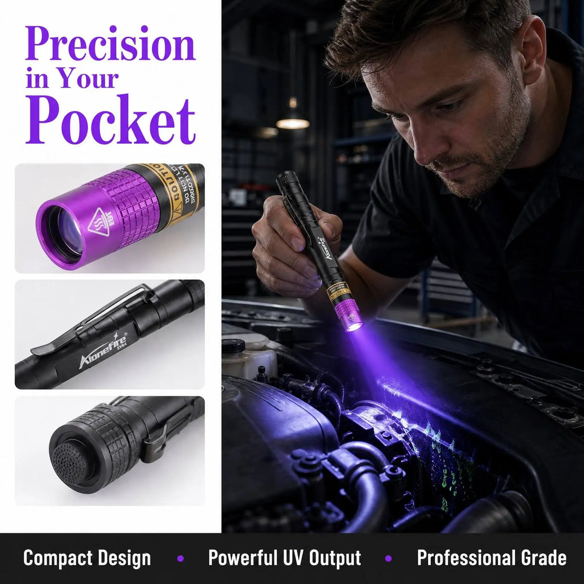 A man uses a compact multi-spectrum UV flashlight to inspect the interior of a car engine.