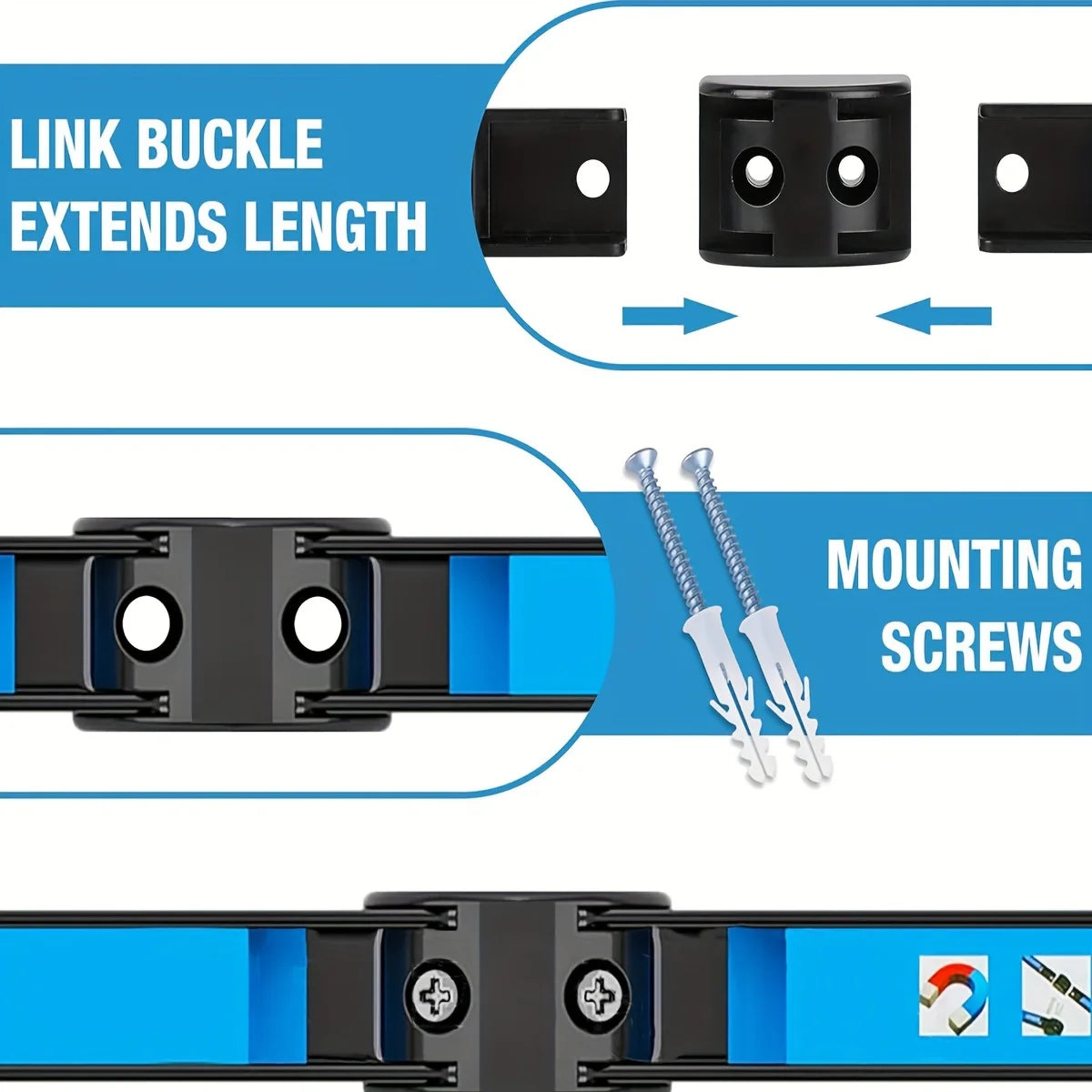 Magnetic tool rack organizer showing link buckle extension and mounting screws for a heavy duty black and blue tool holder