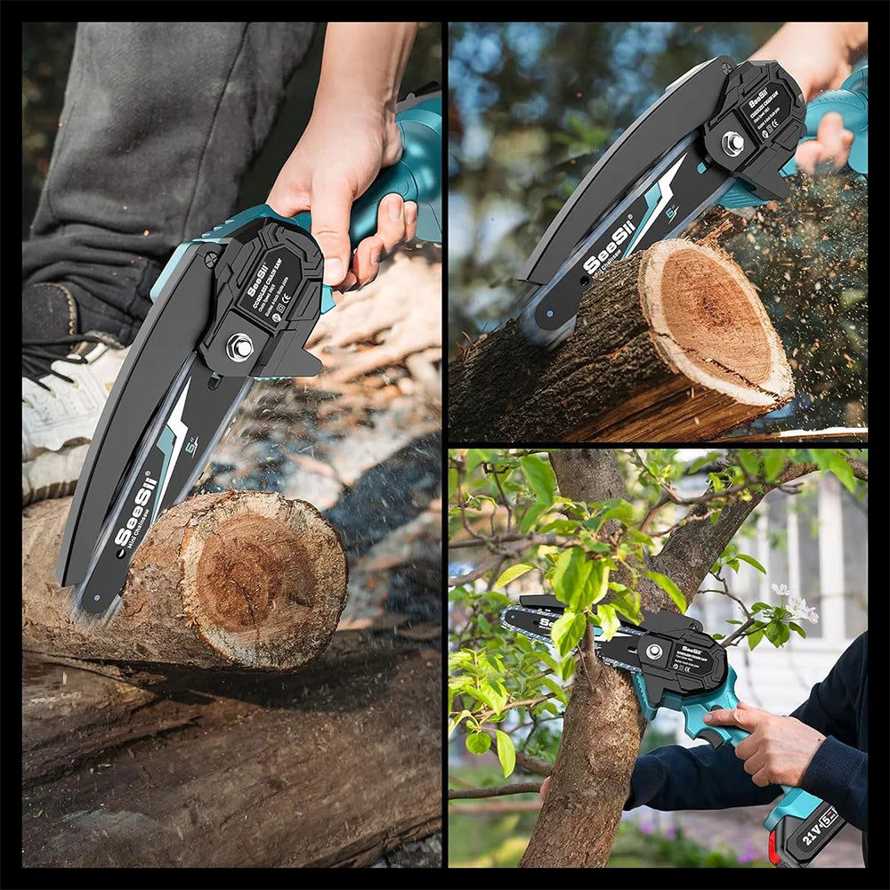 A hand operates a SeeSil 6-inch cordless mini chainsaw for wood cutting, shown in close-up shots.
