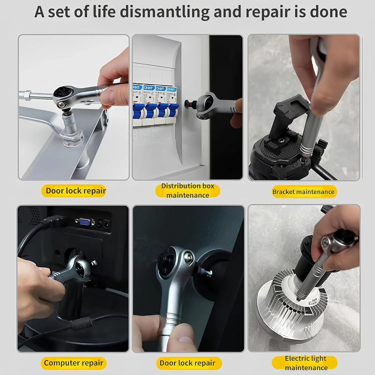 A set of life dismantling and repair tools including door lock repair, computer repair, and electrical light maintenance.