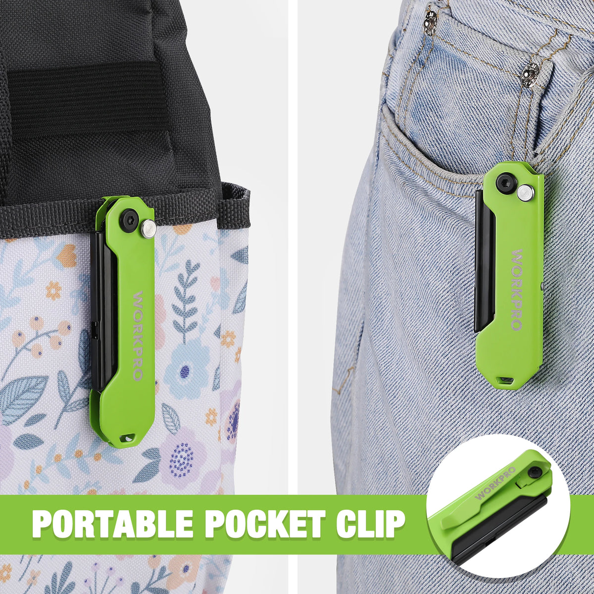 A portable pocket clip in lime green is shown attached to a fabric pocket on a garment.
