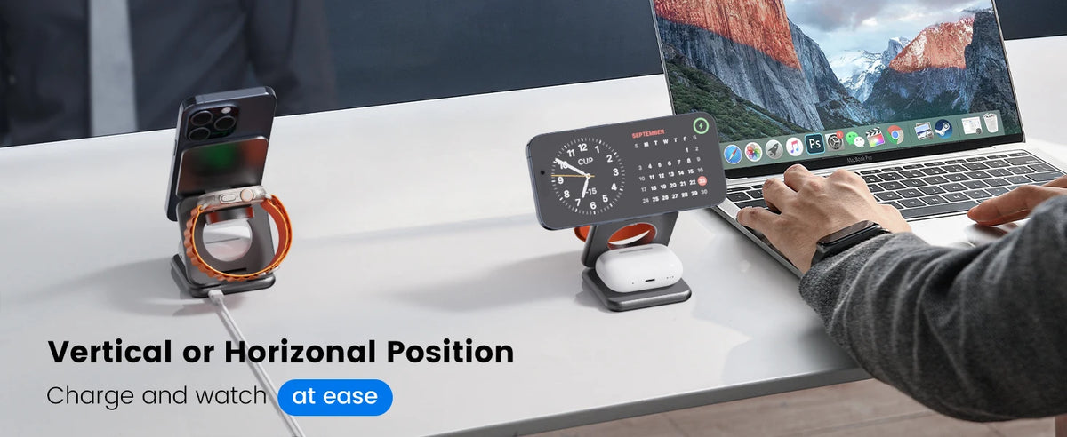 A foldable magnetic wireless charging stand is shown next to a laptop, demonstrating vertical or horizontal positioning for c