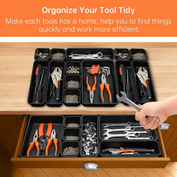 A wooden tray organizer set with multiple compartments holding various tools and hardware.