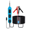 A professional automotive circuit tester device with a blue body, black cable, and red alligator clips is shown.