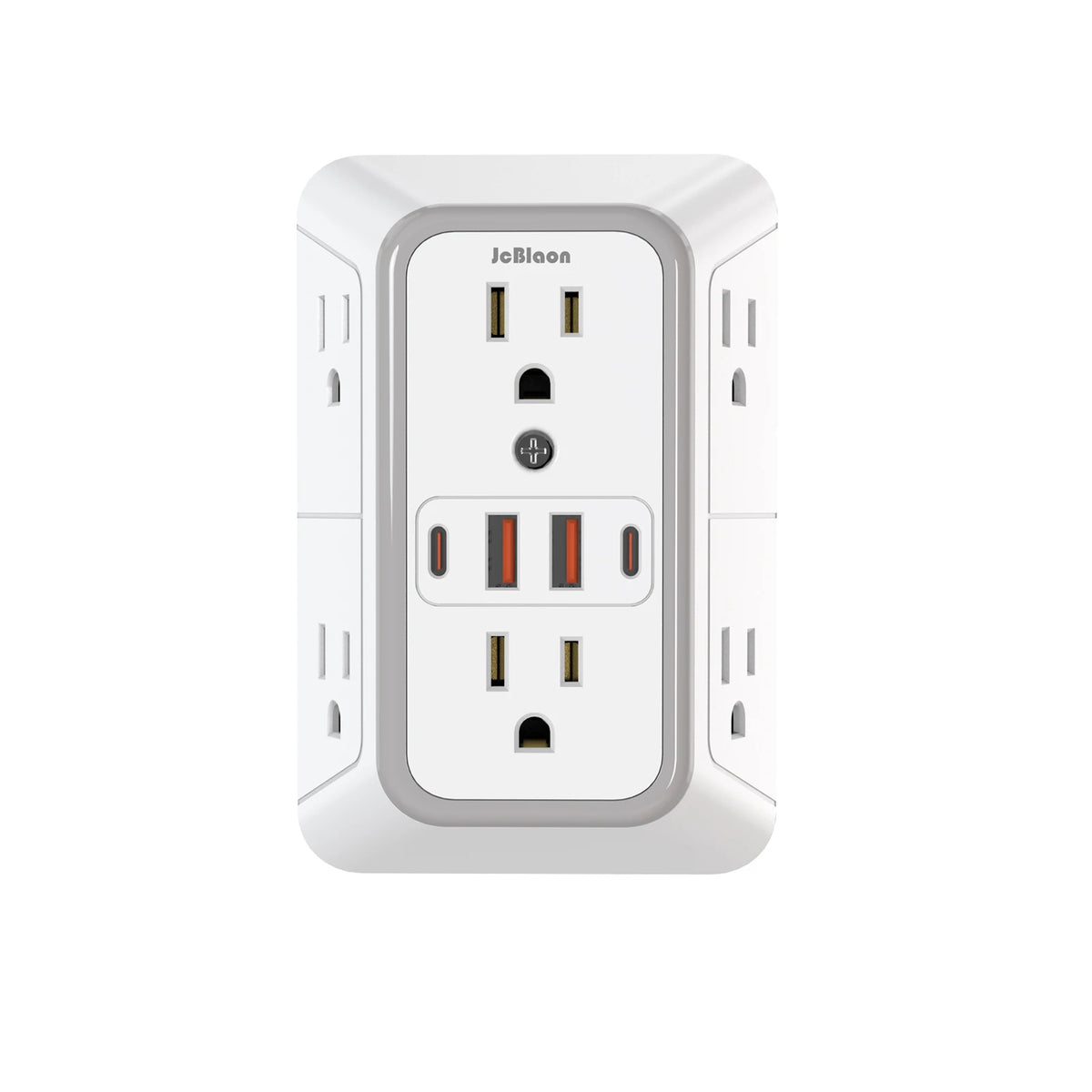 A white JoBlaon 6-in-1 universal power strip with multiple outlets and USB charging ports.