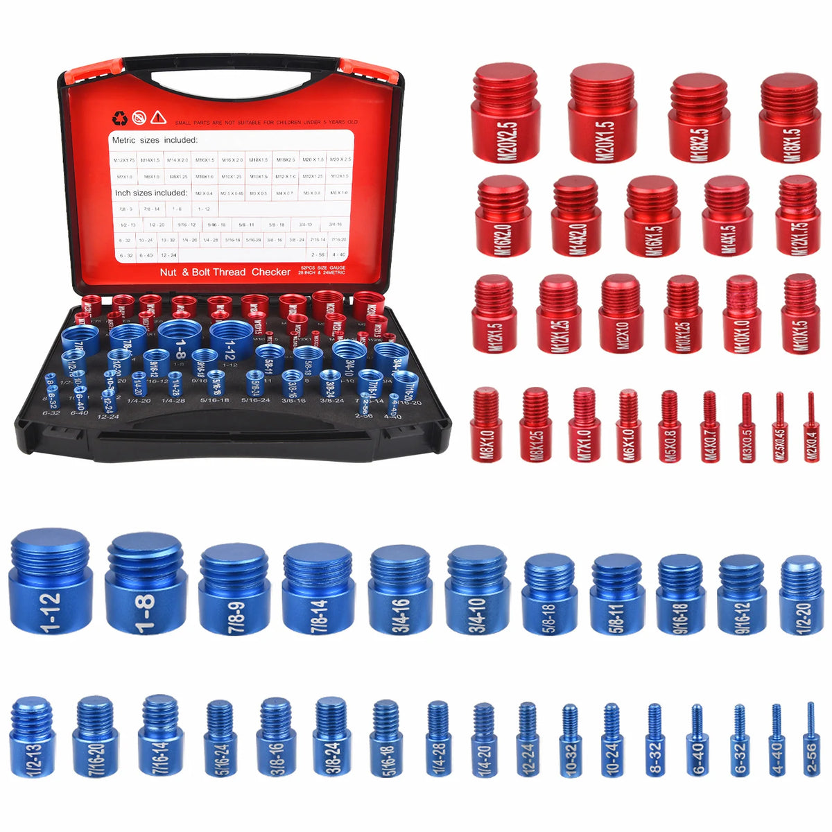 A set of 52-in-1 metric and imperial thread checker tools including various sized metal inserts and checking gauges.