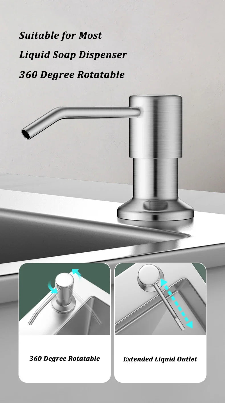 A stainless steel liquid soap dispenser with a 360-degree rotatable spout and an extended liquid outlet.