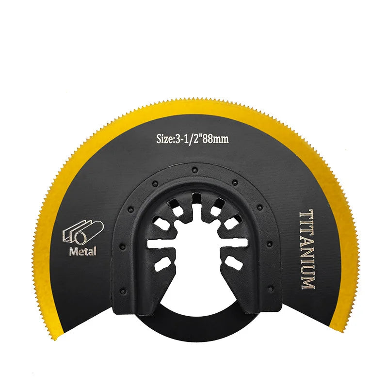 A black oscillating saw blade with a yellow serrated edge and titanium mounting ring.