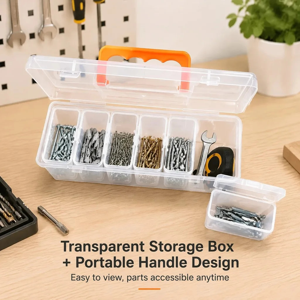 A transparent storage box with multiple compartments for tools and hardware, featuring a portable handle design.