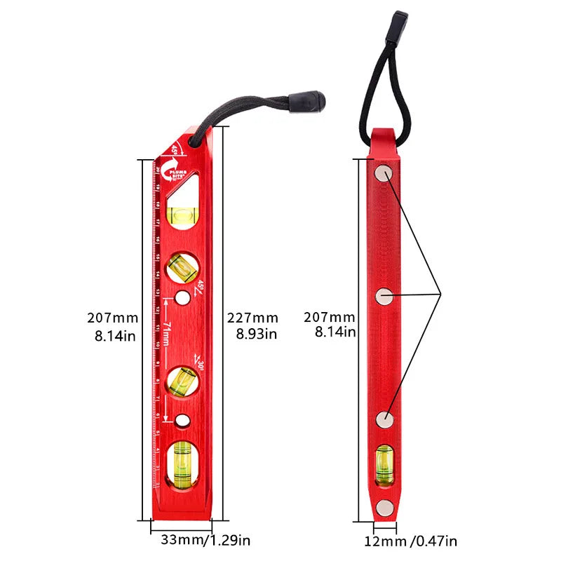 A red magnetic level ruler with markings and a black hanging loop.