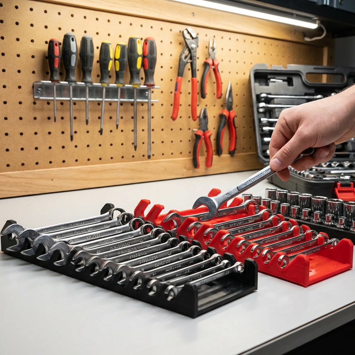 A hand is placing a wrench into a red plastic organizer rack next to various tools on a wooden board.