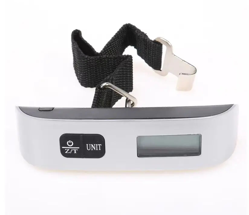 A white digital hanging luggage scale with a black strap and a rectangular display.