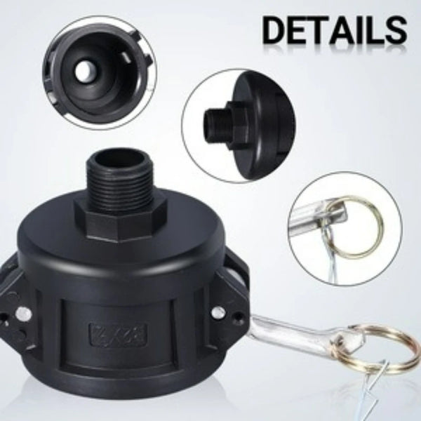 Details of an IBC tote to garden hose adapter fitting showing various components and the main fitting.
