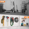 Before and after comparison showing a heavy duty tool storage rack for garage and garden.